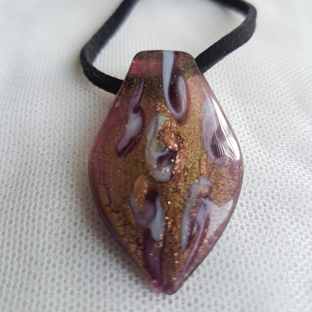 Murano Glass Leaf Pendant Choker Necklace in Neutral Colors on Black Suede Cord